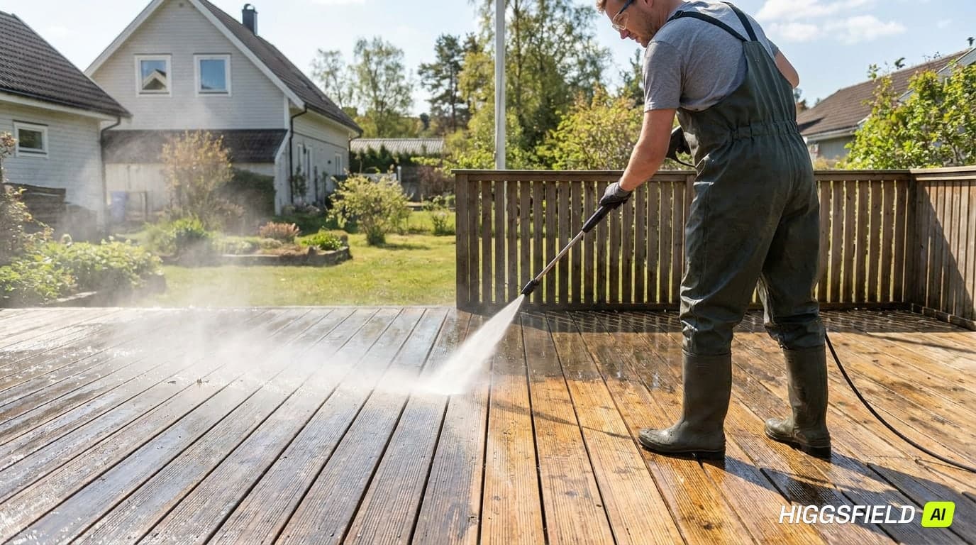 Power-washing technician in coveralls cleaning a wooden deck behind a residential house, with mist rising from the spray and clean wood revealed beneath.